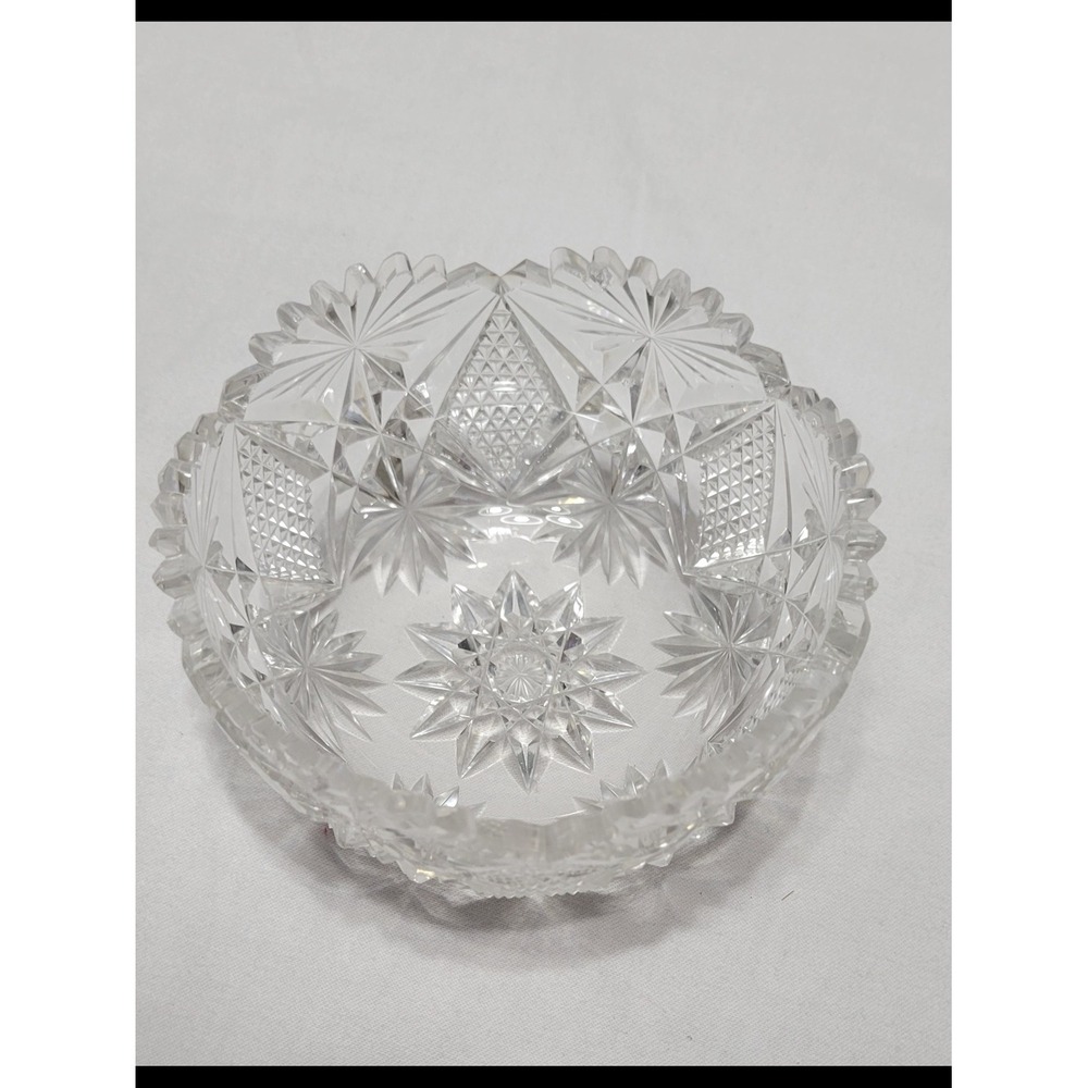 Clear Cut Glass Starburst Pattern Decorative Small Round Bowl Glossy Finish
